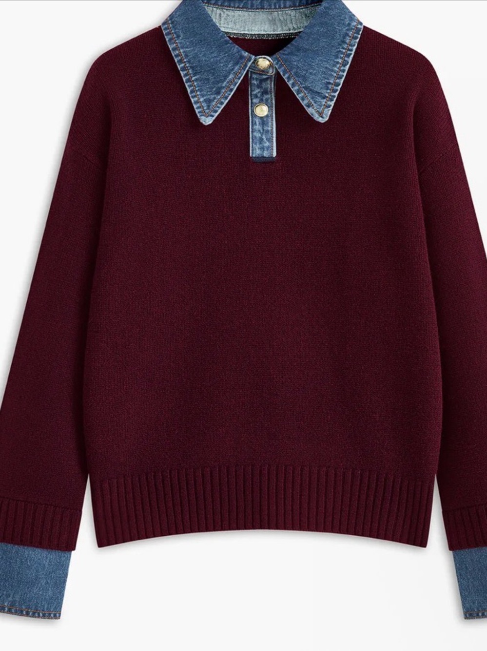 Commense Maroon Crewneck Sweater with Denim Collar